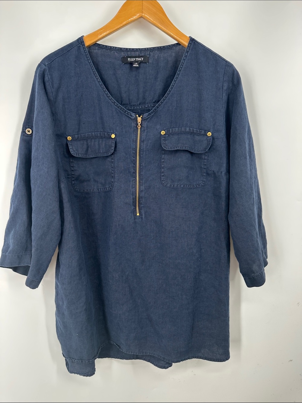 Ellen Tracy 100% Linen Zip-Front Tunic Shirt